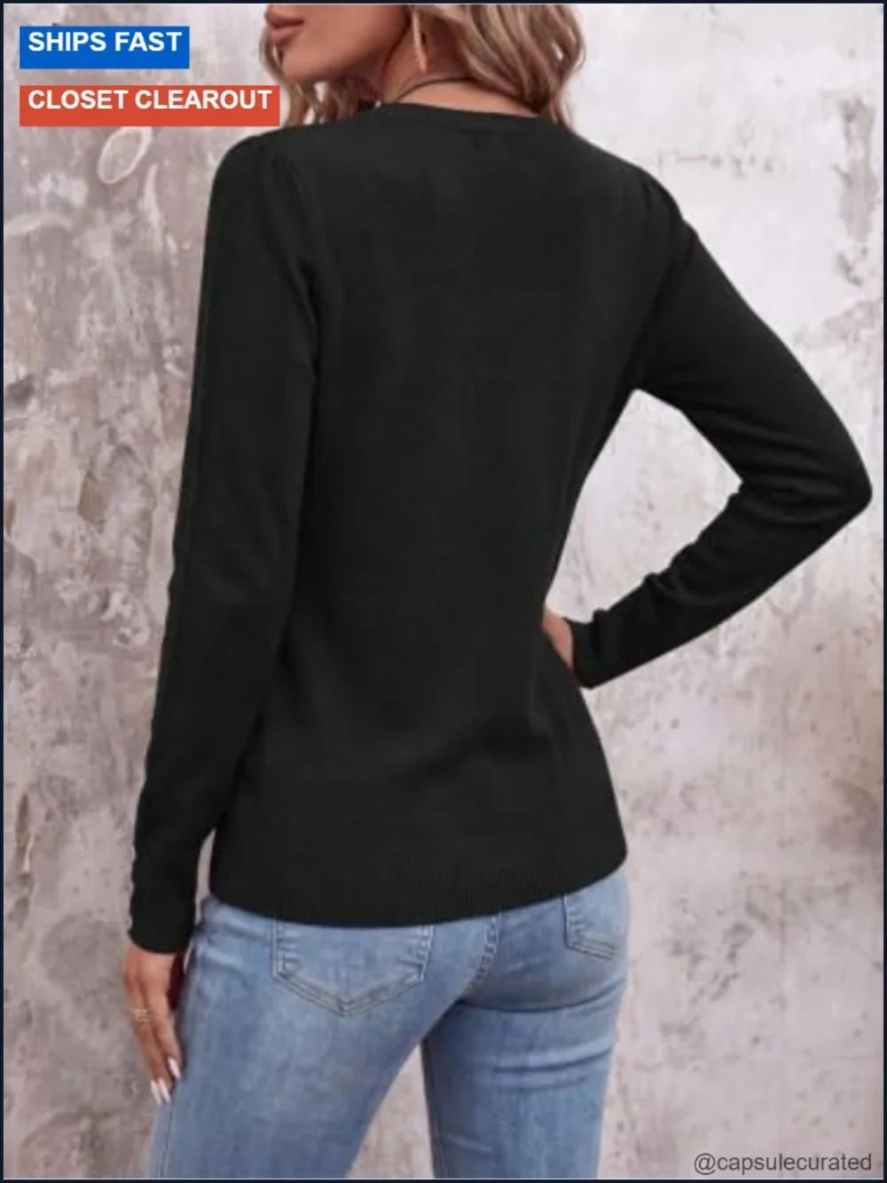 Lightweight Knit Pullover Sweater, Puff Sleeve, Crewneck Button Cuff, Business